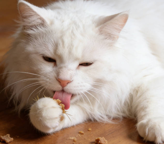 The cat licked its lips after eating.